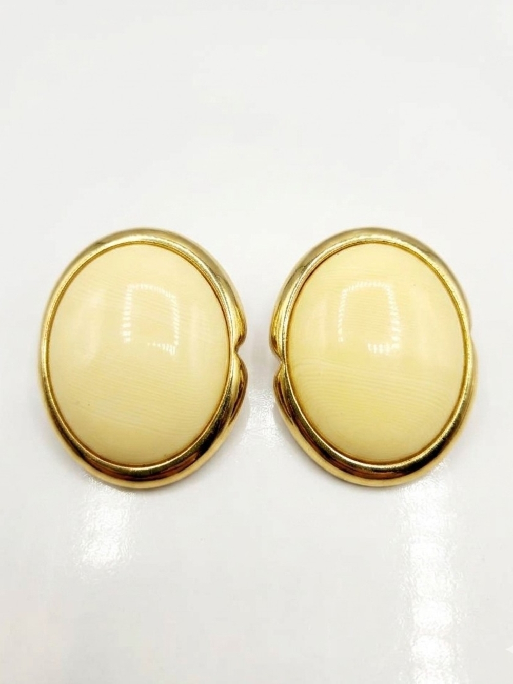 Gold-Tone Cream Oval Clip Earrings